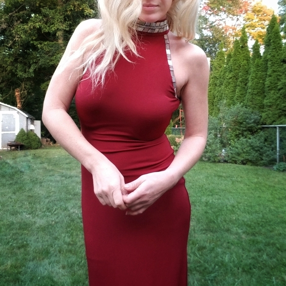 Wine Red Double Slit Maxi Halter Dress - Picture 2 of 3